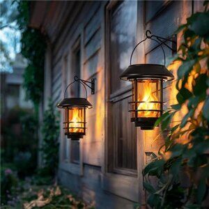 Solar Lanterns Outdoor Waterproof, 2 Pack Flickering Flames Wall Garden Decor